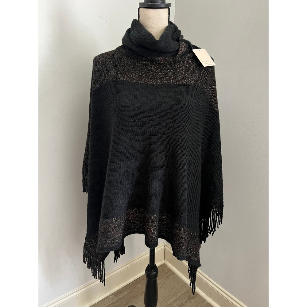 Black Oversized Knit Poncho Womens NWT Metallic Cowl Neck Fringe Cozy Chic Cape